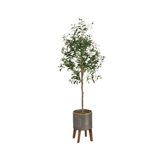 Kate and Laurel 5ft. Green Oliveira Faux Olive Tree with Gray Planter